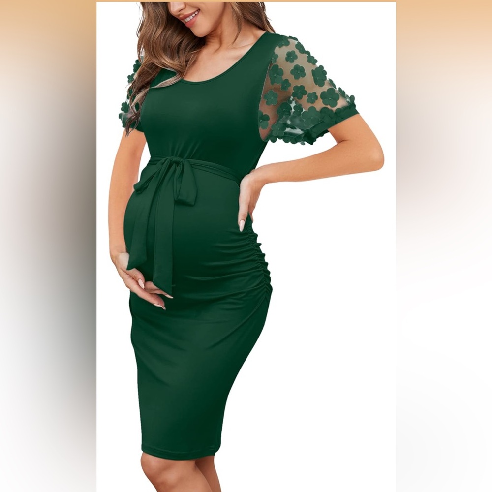 Green Maternity Dress with Floral Sleeves Large